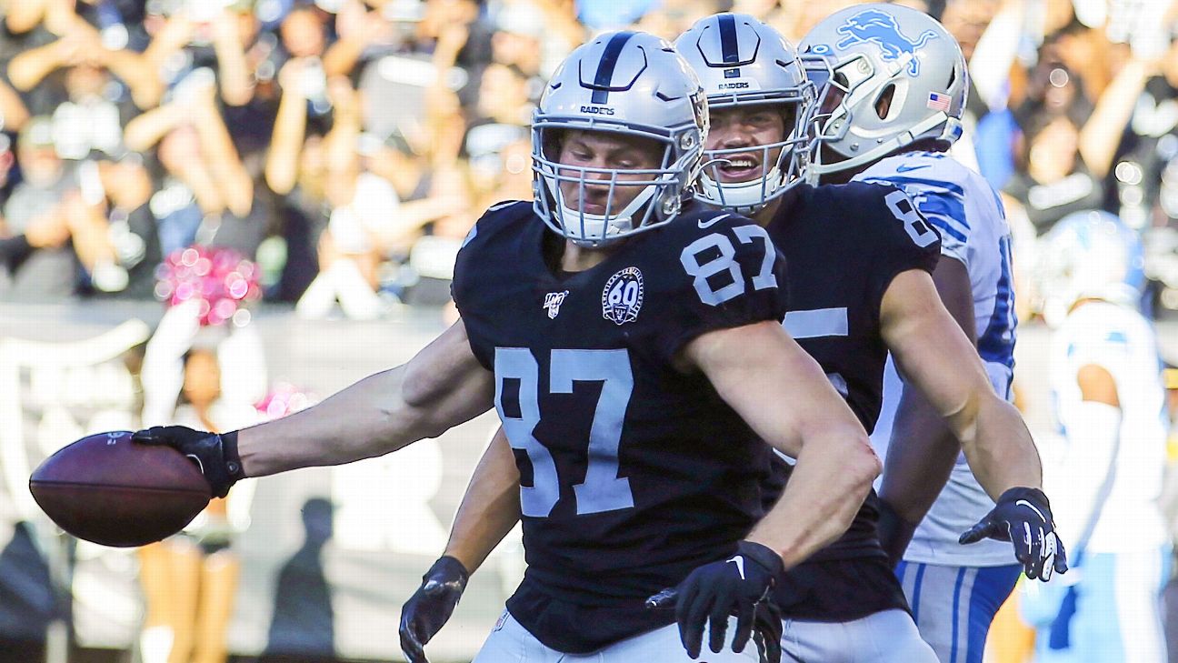 Las Vegas Raiders tight end Foster Moreau (87) is tackled by Miami