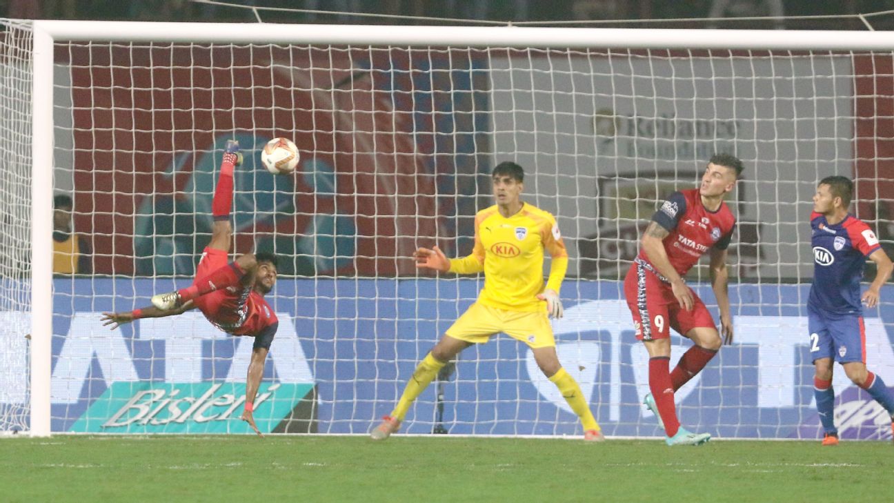 Farukh Choudhary attempts an audacious bicycle kick against Bengaluru FC. Farukh Choudhary attempts an audacious bicycle kick against Bengaluru FC.
