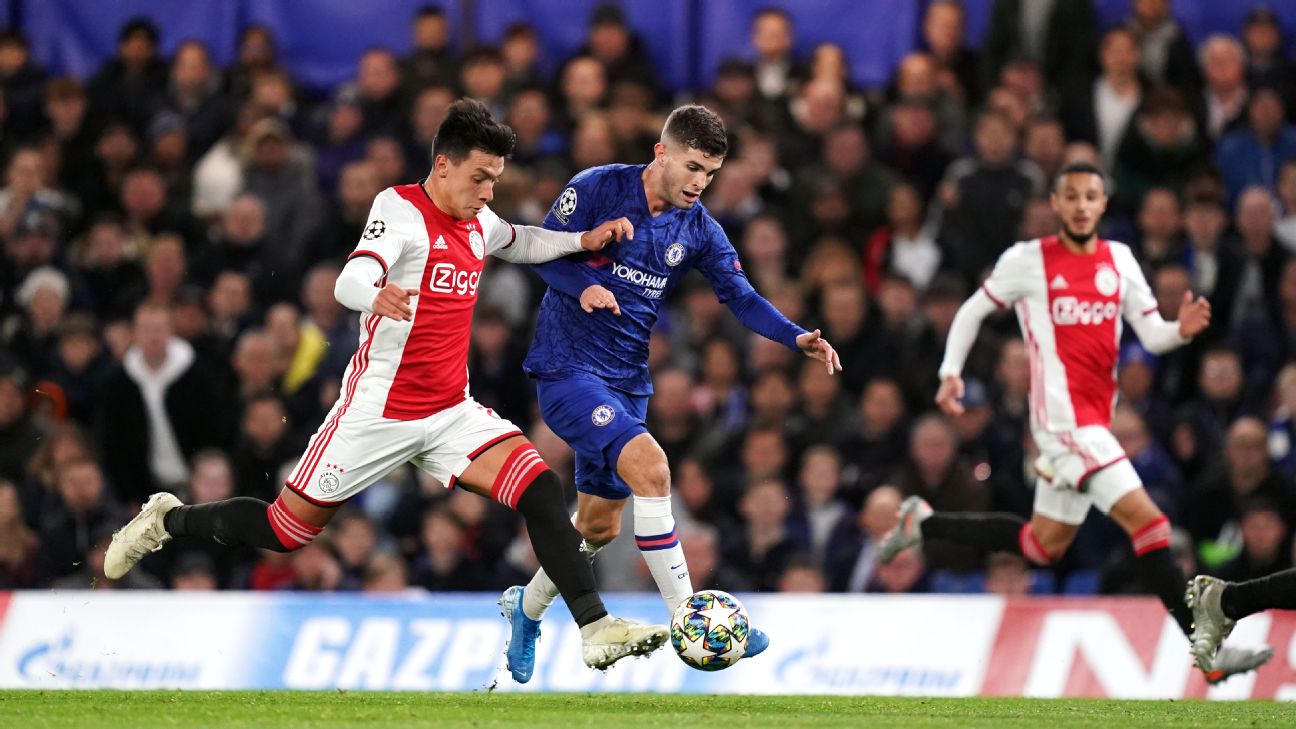 Christian Pulisic battles for the ball with Lisandro Martinez in Chelsea's match against Ajax. Christian Pulisic battles for the ball with Lisandro Martinez in Chelsea's match against Ajax.