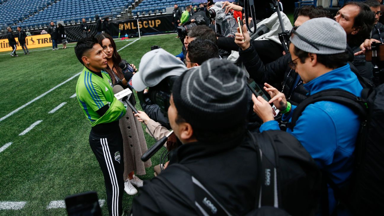 Seattle Sounders forward Raul Ruidiaz speaks with the media ahead of MLS Cup final. Seattle Sounders forward Raul Ruidiaz speaks with the media ahead of MLS Cup final.