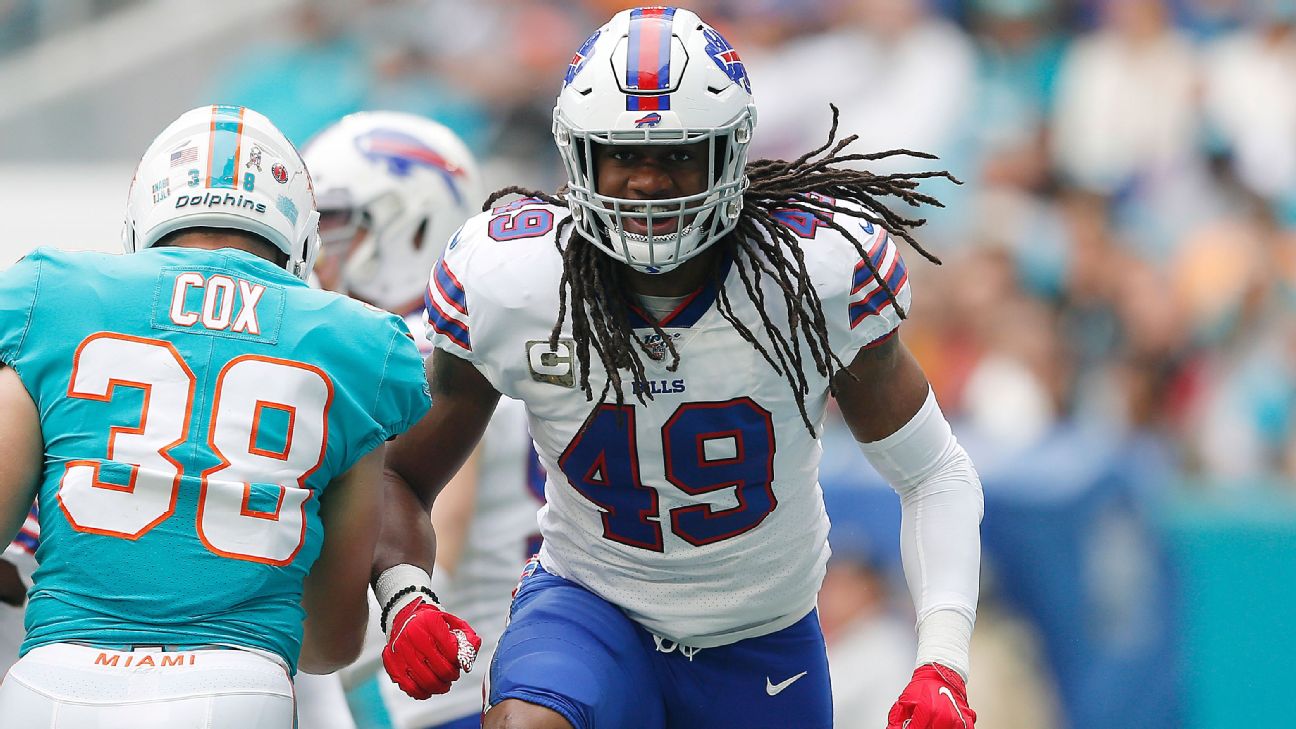 Buffalo Bills middle linebacker Tremaine Edmunds (49) reacts while walking  off the field after an NFL football game against the Arizona Cardinals,  Sunday, Nov. 15, 2020, in Glendale, Ariz. (AP Photo/Jennifer Stewart