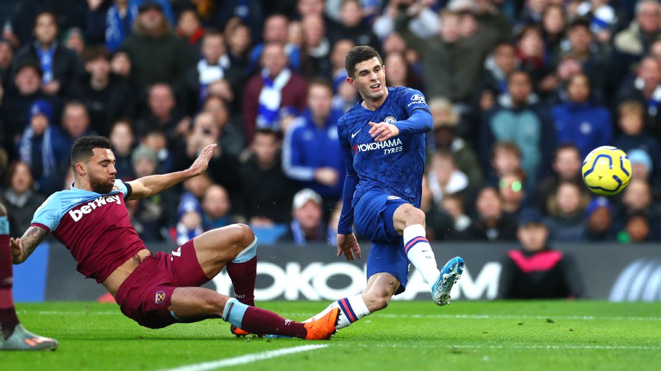 Christian Pulisic shoots during Chelsea's Premier League match against West Ham. Christian Pulisic shoots during Chelsea's Premier League match against West Ham.