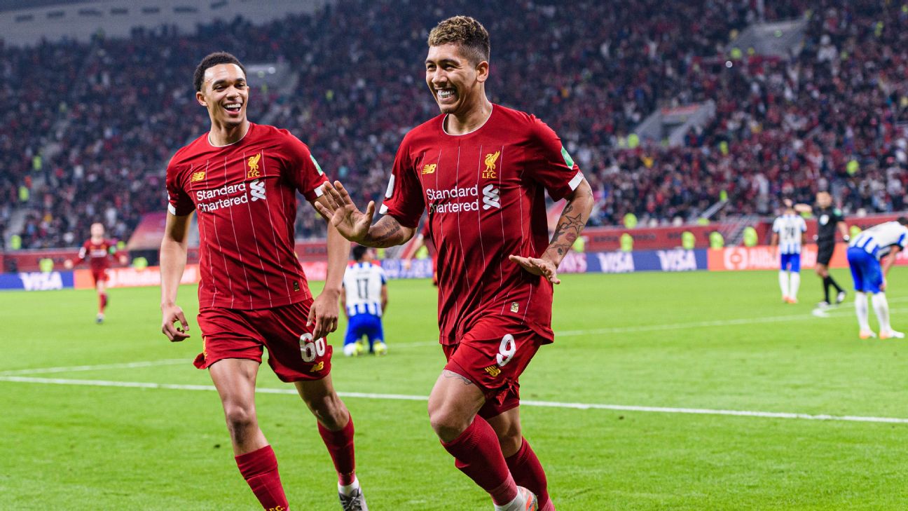 Roberto Firmino and Trent Alexander-Arnold celebrate during Liverpool's Club World Cup win over Monterrey. Roberto Firmino and Trent Alexander-Arnold celebrate during Liverpool's Club World Cup win over Monterrey.