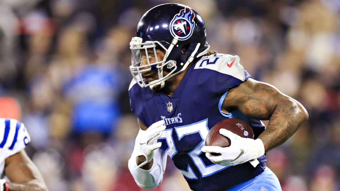 Derrick Henry in background of Tennessee Titans' pick of Rashaan Evans 