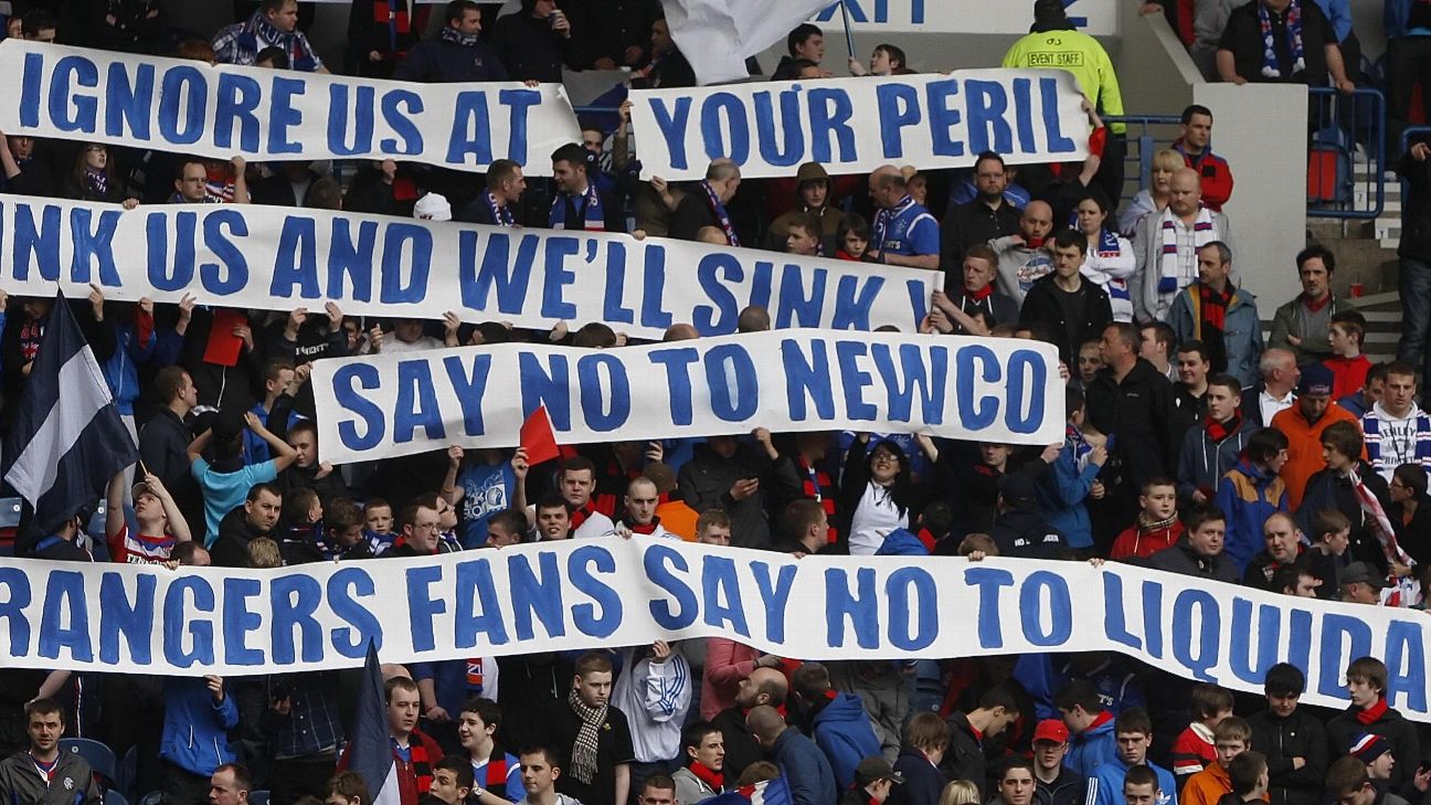 Rangers fan protest the club's potential liquidation. Rangers fan protest the club's potential liquidation.