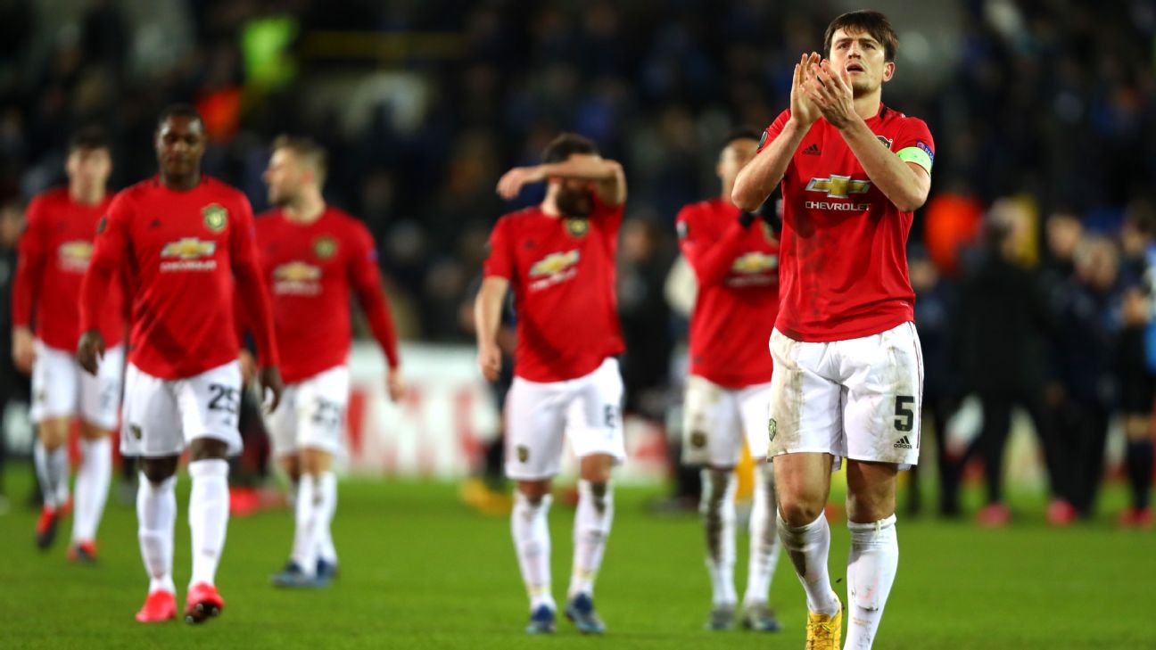Harry Maguire applauds supporters after Manchester United's Europa League draw at Club Brugge. Harry Maguire applauds supporters after Manchester United's Europa League draw at Club Brugge.
