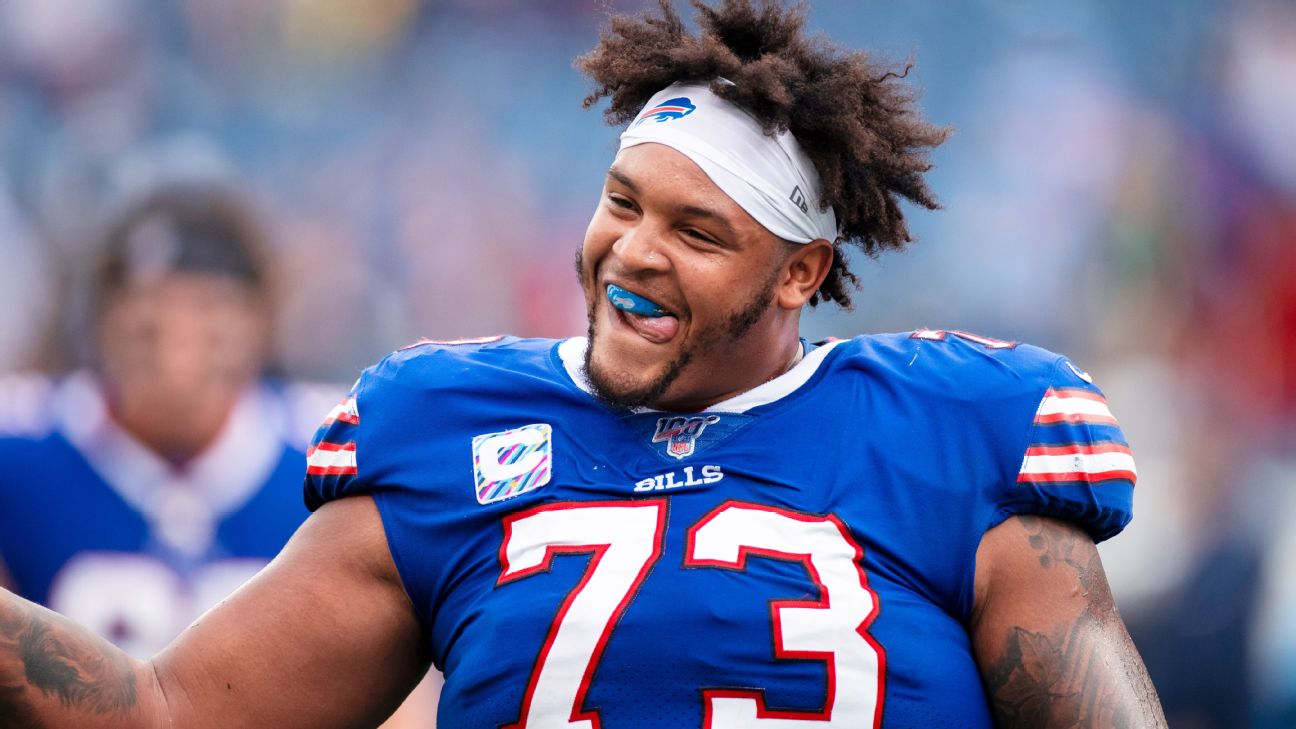 Buffalo Bills tackle Dion Dawkins (73) runs on the field during the second  half of an NFL football game against the New York Jets in Orchard Park,  N.Y., Sunday, Dec. 11, 2022. (