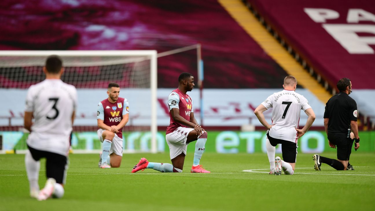 Aston Villa Sheffield Utd Players Take A Knee To Support Black Lives Matter In Epl Return