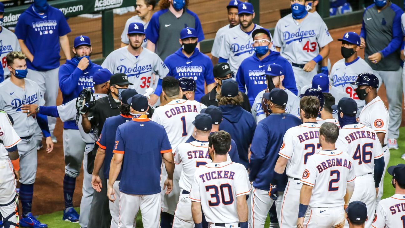 Nice swing, (expletive):' Benches clear as Dodgers' Joe Kelly taunts  Houston's Carlos Correa, throws behind Alex Bregman - ABC7 Los Angeles