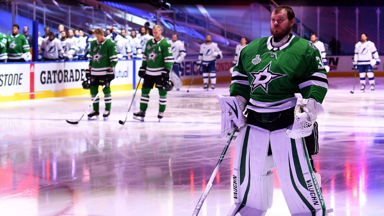 Dallas Stars goaltender Anton Khudobin (35) makes the save against the  Tampa Bay Lightning during the first period of Game 5 of the NHL hockey  Stanley Cup Final, Saturday, Sept. 26, 2020