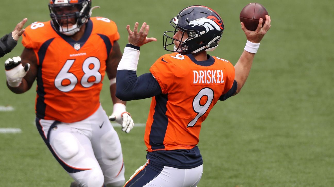 Denver Broncos quarterback Jeff Driskel (9) drops back to pass against the  Tampa Bay Buccaneers in