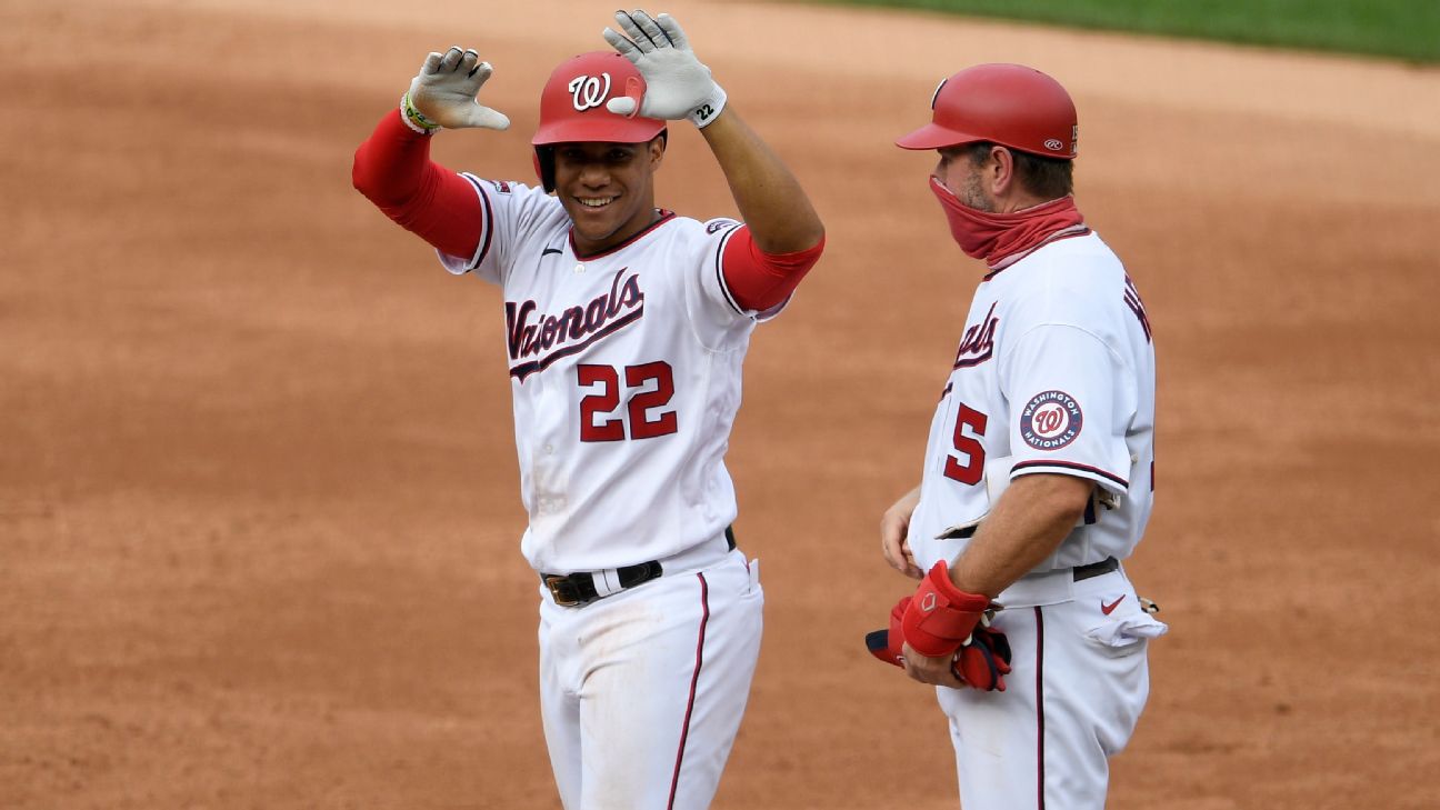 Washington Nationals center fielder Juan Soto (22) smiles in the