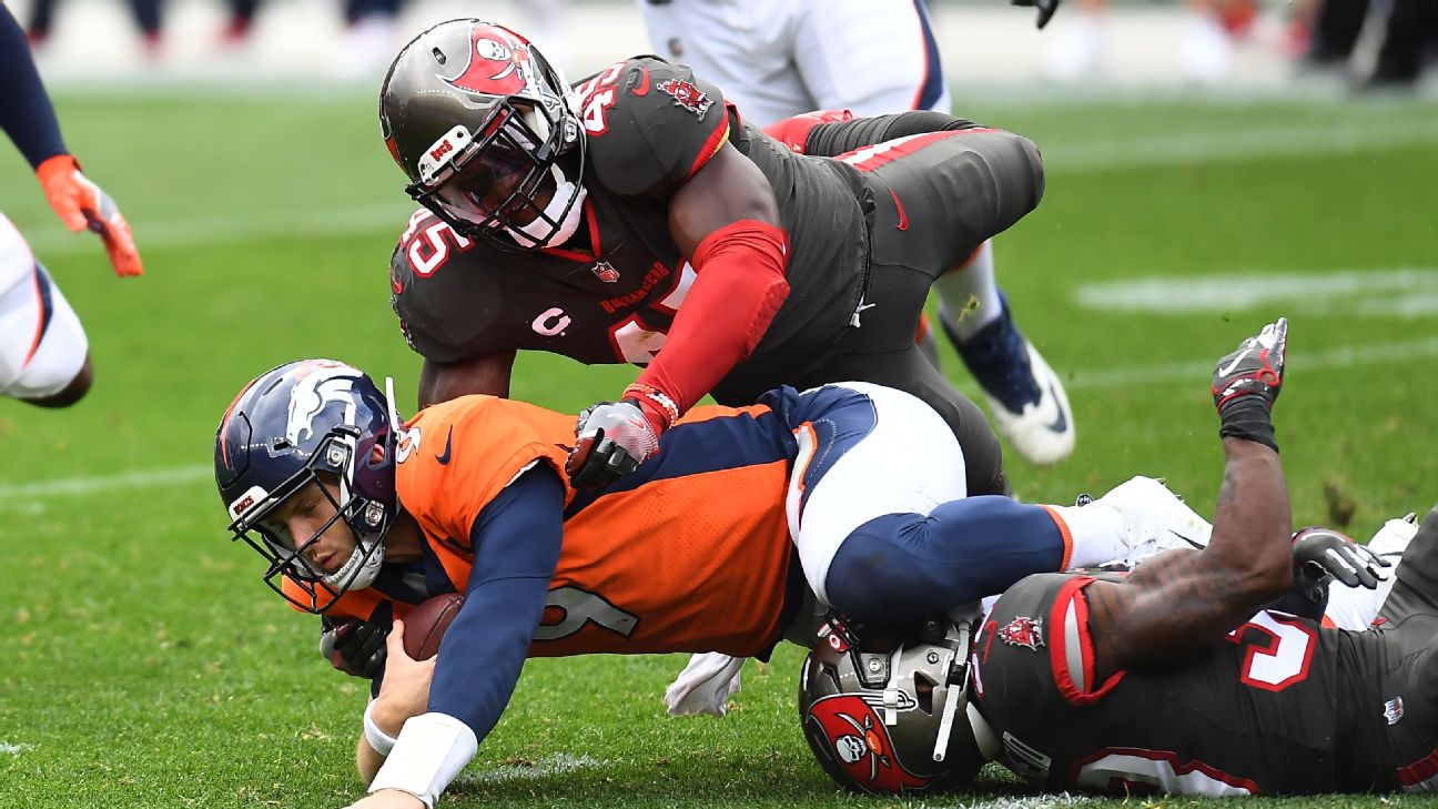 Denver Broncos quarterback Jeff Driskel (9) drops back to pass against the  Tampa Bay Buccaneers in