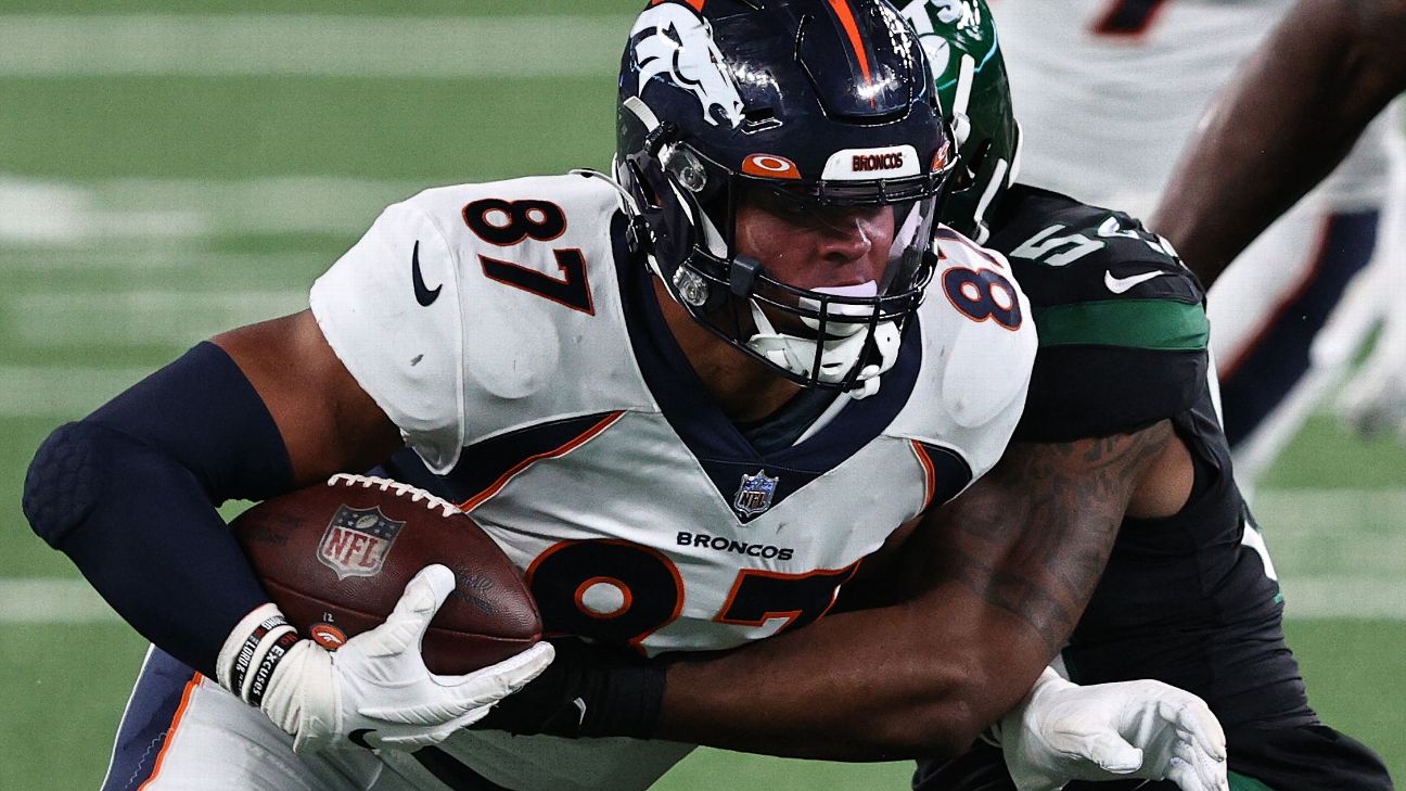 Seattle Seahawks tight end Noah Fant (87) in action during an NFL