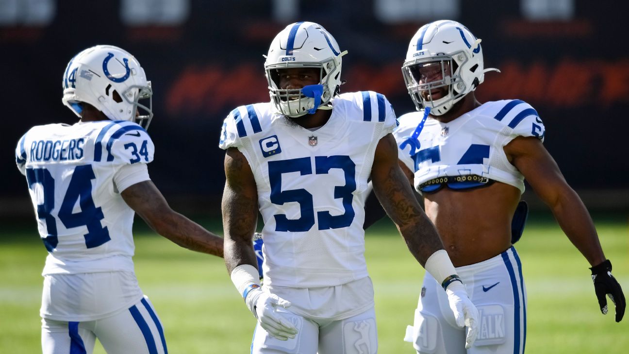 Two Indianapolis Colts fan measures themselves against Indianapolis Colts  linebacker Darius Leonard in Indianapolis Colts City at the NFL team's  football training camp in Westfield, Ind., Saturday, July 31, 2021. (AP  Photo/Michael