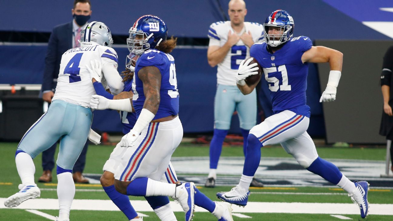 Giants' Kyler Fackrell stuns Dallas with 46-yard interception return for TD  - ESPN