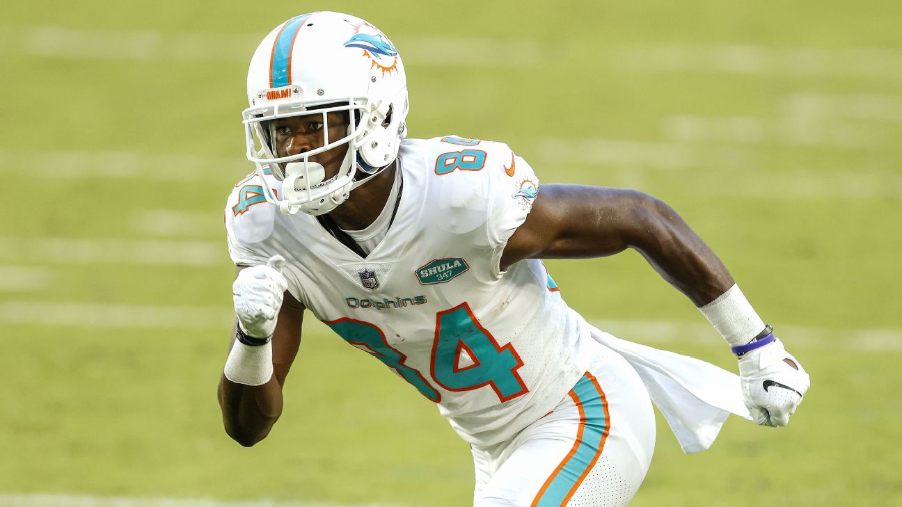 Miami Dolphins wide receiver Isaiah Ford (87) warms up before taking on the  New York Jets during an NFL football game, Sunday, Nov. 21, 2021, in East  Rutherford, N.J. (AP Photo/Adam Hunger