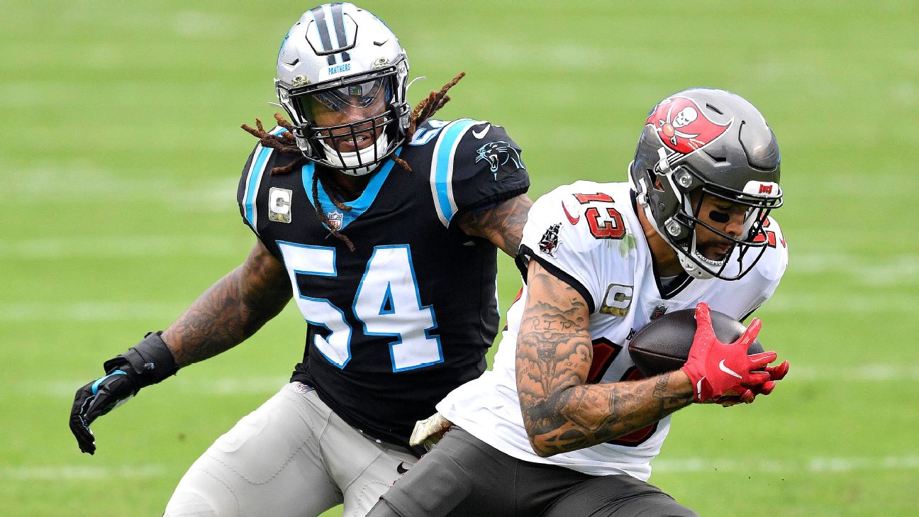 Carolina Panthers linebacker Shaq Thompson (7) reacts after making a play  on defense during an NFL football game against the Atlanta Falcons,  Thursday, Nov. 10 2022, in Charlotte, N.C. (AP Photo/Brian Westerholt