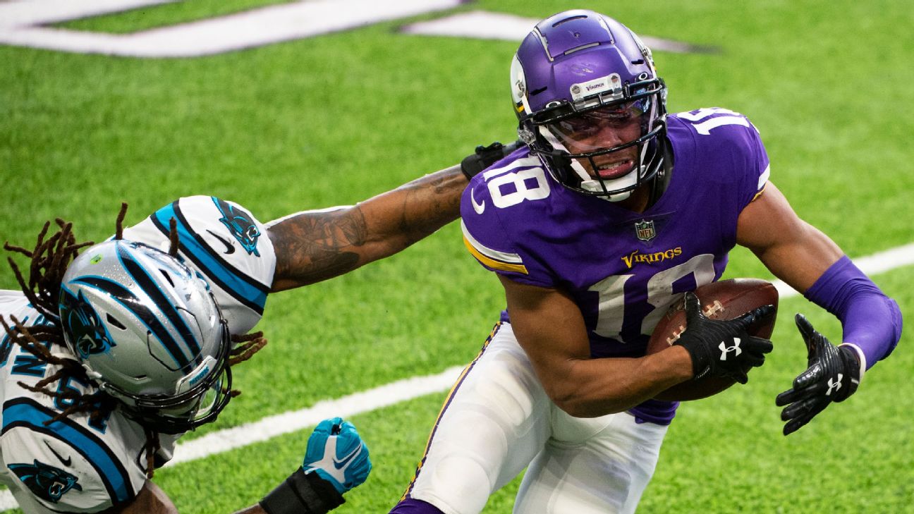 NFC wide receiver Justin Jefferson of the Minnesota Vikings (18) runs a  route against the AFC