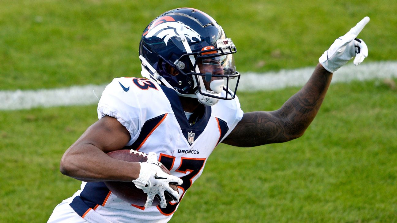 Denver Broncos wide receiver K.J. Hamler (1) runs against the New