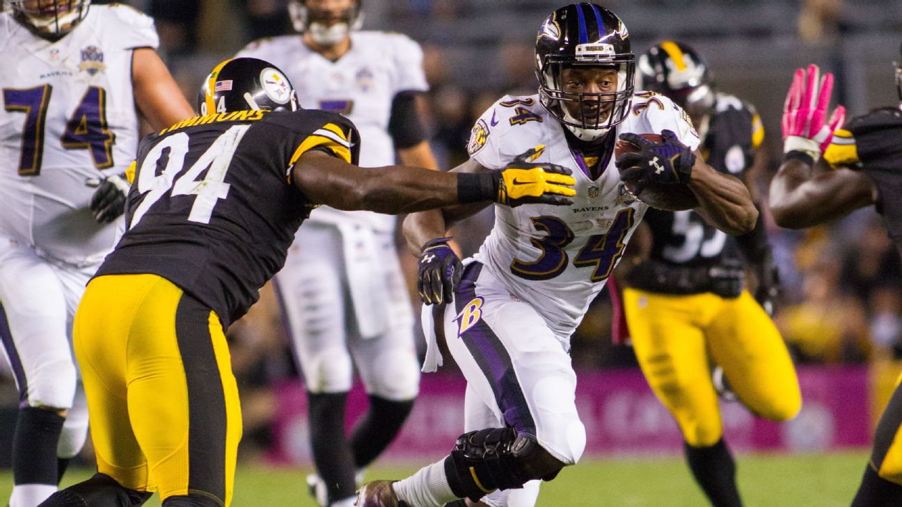 Baltimore Ravens running back Lorenzo Taliaferro (34) gains 11 yards in the  fourth quarter against the Pittsburgh Steelers at Heinz Field in Pittsburgh  on October 1, 2015. The Ravens went on to