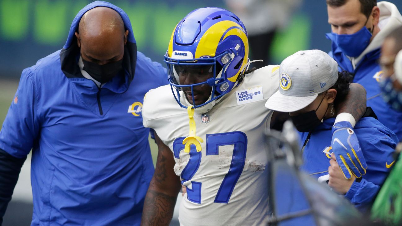 Los Angeles Rams running back Darrell Henderson (27) stands behind