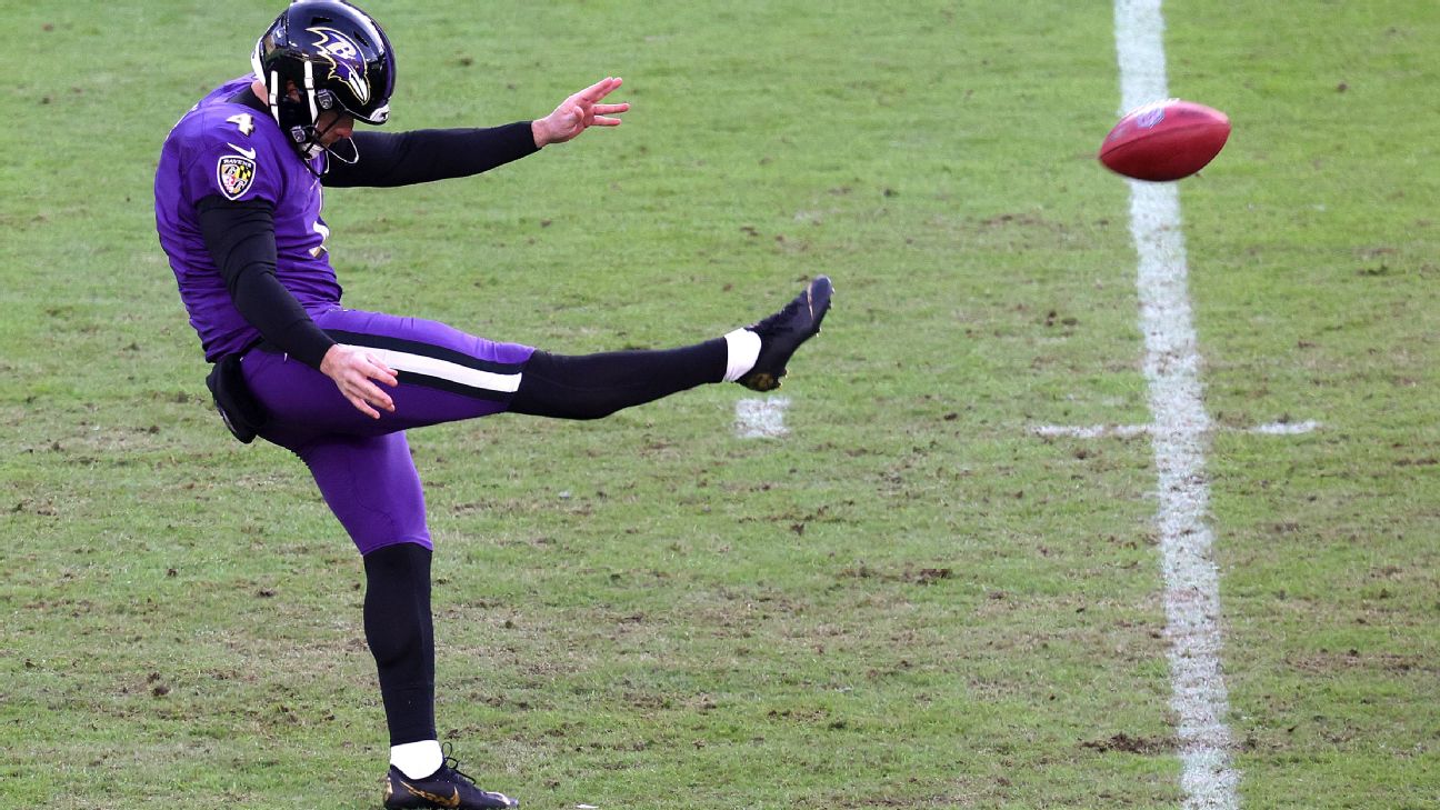 Baltimore Ravens punter Jordan Stout (11) runs off the field at