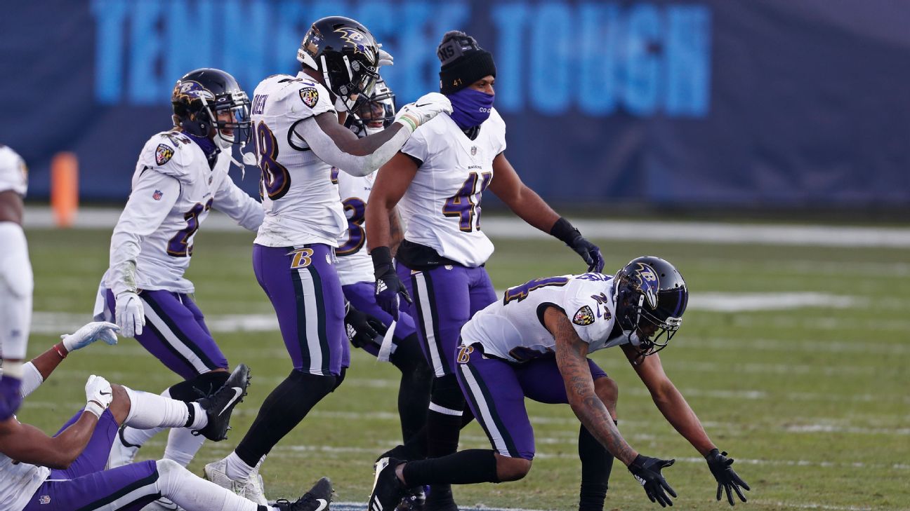 Baltimore Ravens linebacker Patrick Queen (6) celebrates his