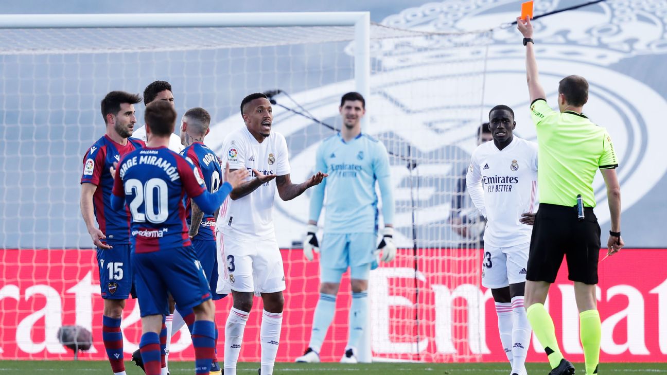 Red Carded Militao 3 10 Odriozola 5 10 As Madrid Suffer Title Setback Vs Levante