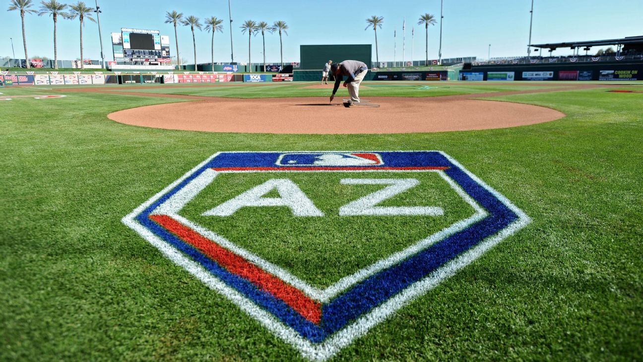 A MLB baseball rests on the mound prior the spring training game