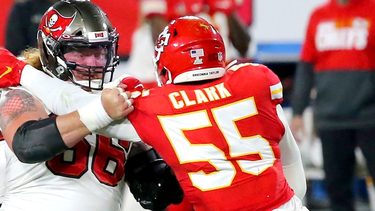 Kansas City Chiefs defensive end Frank Clark (55) rushes during a play  during an NFL football