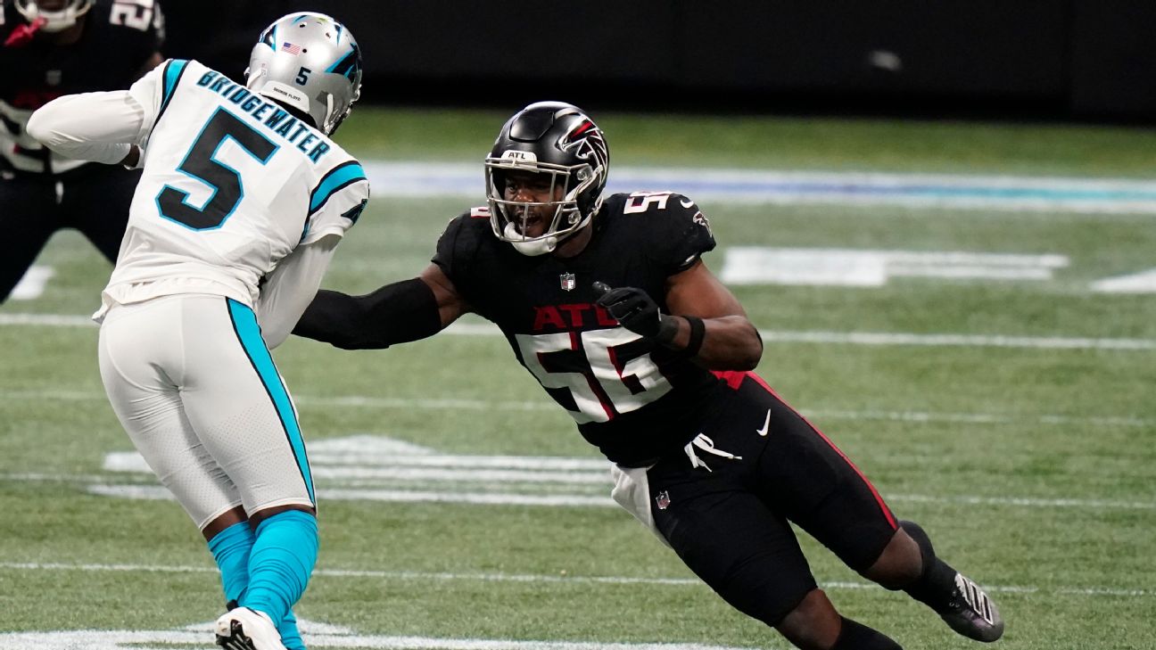 Isaiah Oliver and Foyesade Oluokun of the Atlanta Falcons