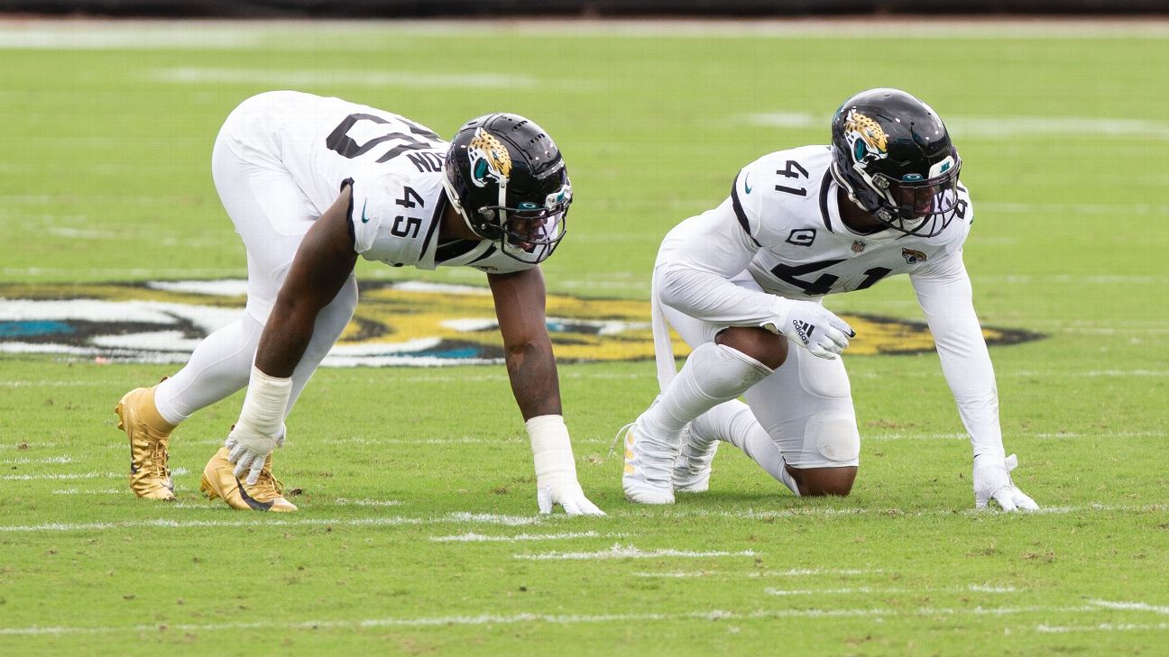 Jacksonville Jaguars linebacker K'Lavon Chaisson (45) in action during an  NFL football game against the