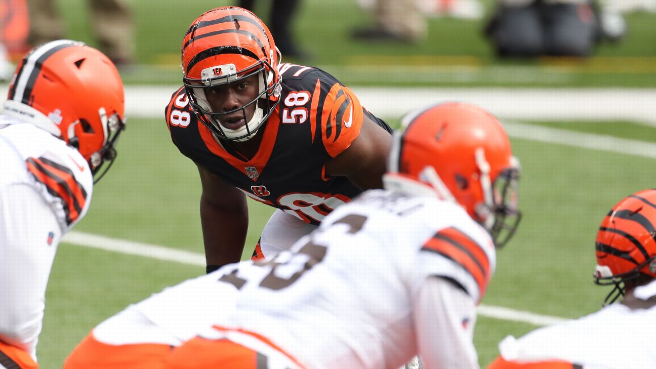 Carl Lawson of the Cincinnati Bengals looks on before a NFL