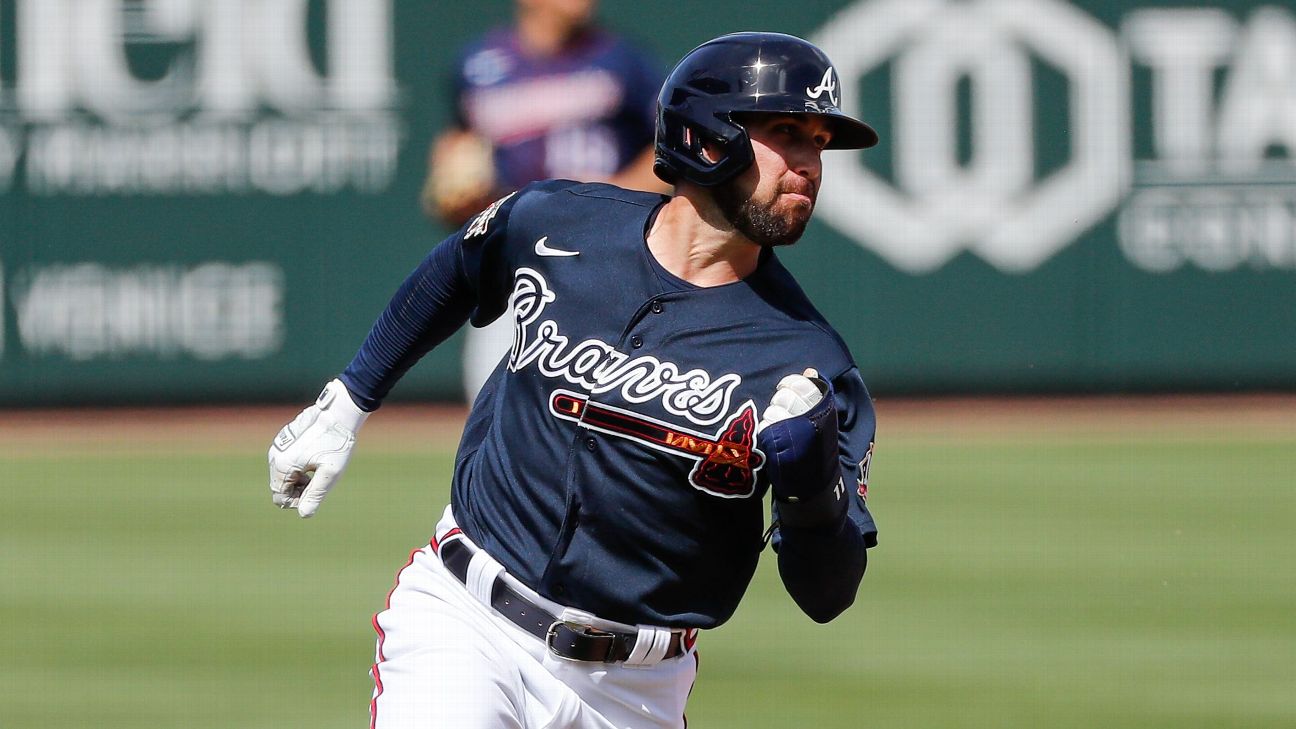 From left to right, Braves outfielders Adam Duvall, Cristian Pache