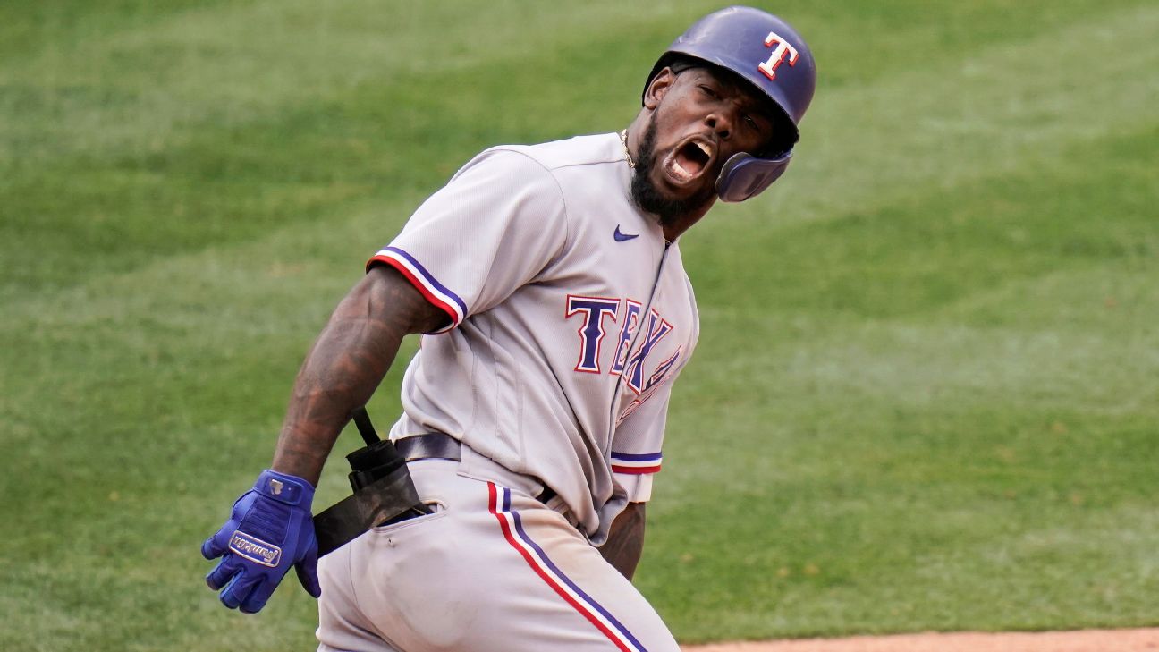 Texas Rangers' Adolis Garcia does cartwheel in batter's box after being hit  by pitch - On3