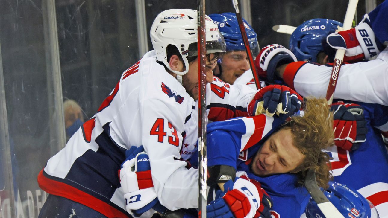 March 14, 2019: Washington Capitals right wing Tom Wilson (43) reacts to  getting hit as the trainer looks at him during the NHL game between the  Washington Capitals and Philadelphia Flyers at