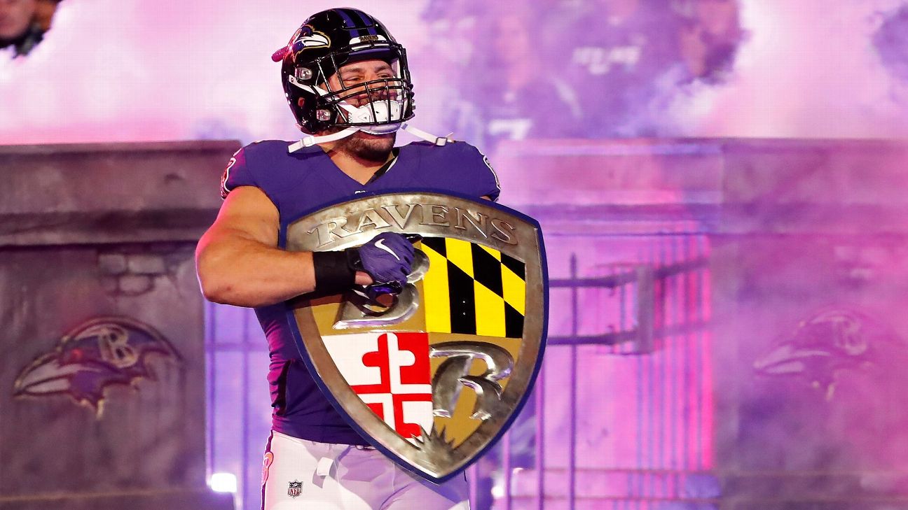 Baltimore Ravens fullback Patrick Ricard (42) walks off the field