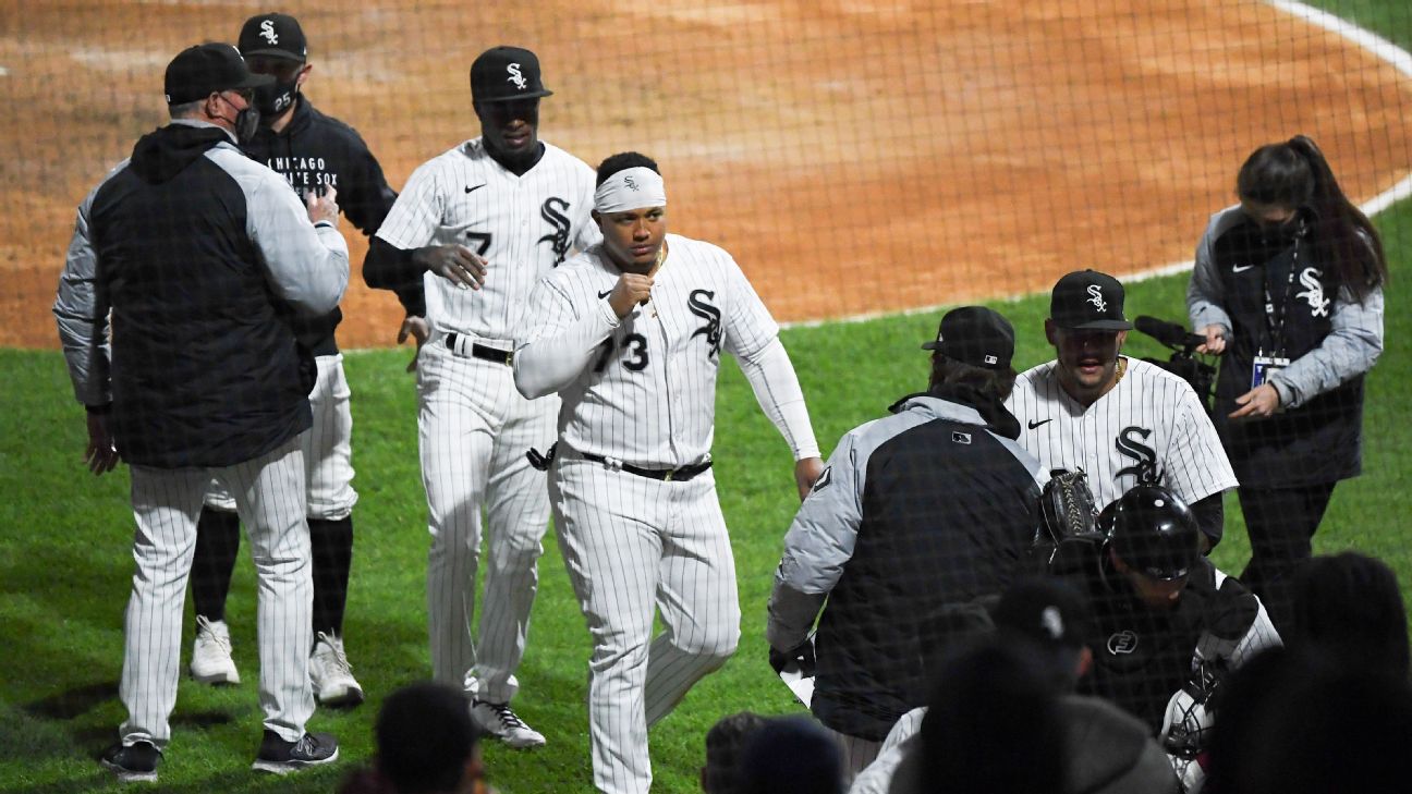 Chicago White Sox Manger Tony La Russa has words with the umpires after the  Cleveland Indians hit a Chicago White Sox player with a pitch during the  fifth inning on Sunday, August