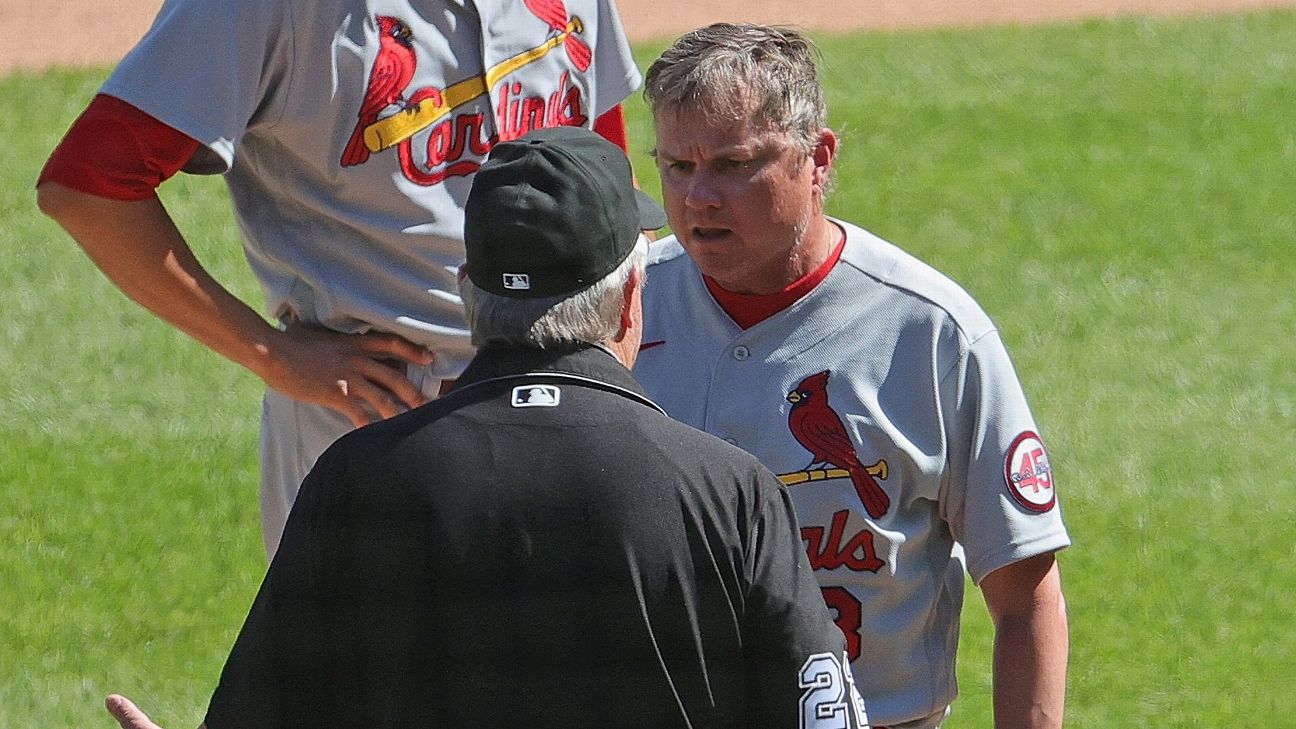 Cardinals reliever Gallegos gets wiped down by umpire after using rosin bag  on his left arm – KGET 17