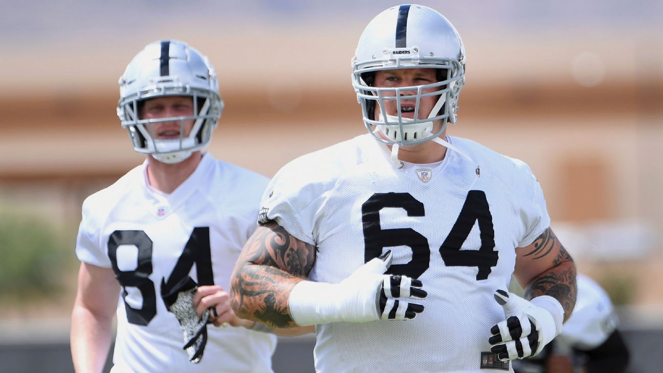 Las Vegas Raiders guard Richie Incognito (64) speaks to Los