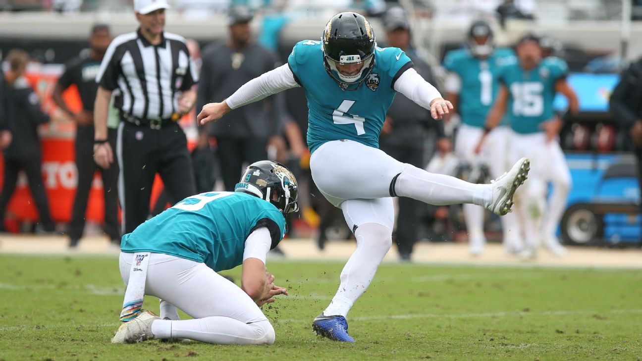 Jacksonville Jaguars kicker Josh Lambo (4) celebrates his field goal that  insures the 45-32 win against the Pittsburgh Steelers at the AFC Divisional  round playoff game at Heinz Field in Pittsburgh on