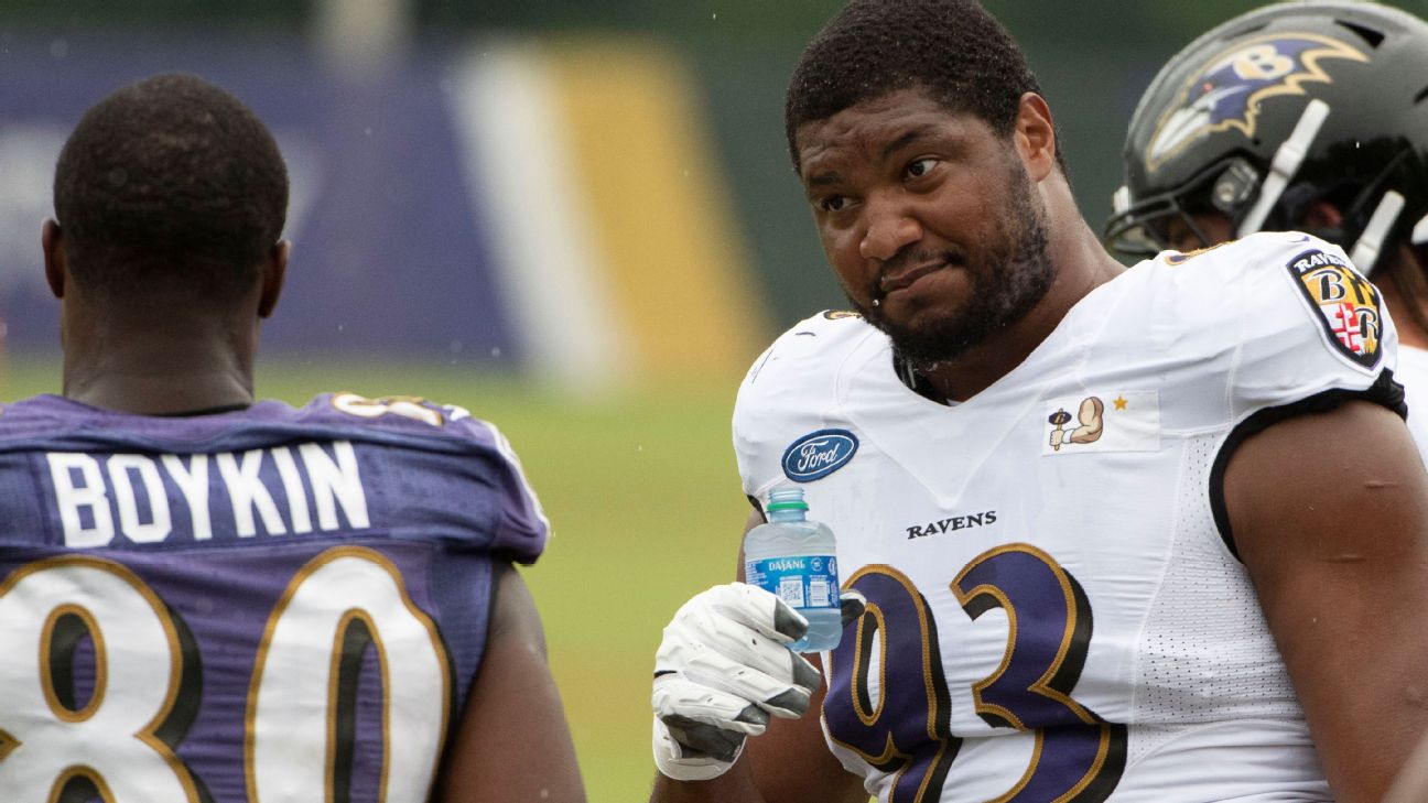 Baltimore Ravens defensive tackle Calais Campbell (93) takes to the field  before an NFL football game against the Denver Broncos, Sunday, Dec. 4,  2022, in Baltimore. (AP Photo/Nick Wass Stock Photo - Alamy