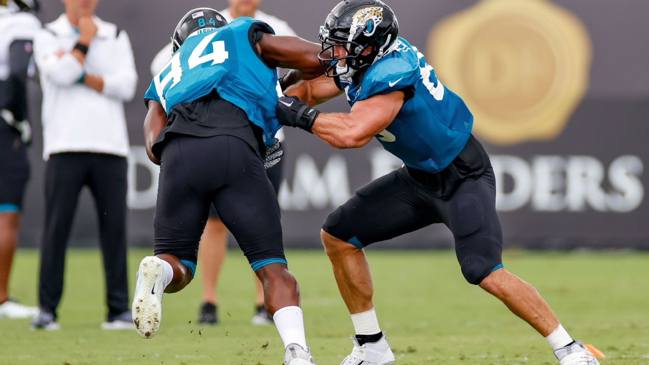 Jacksonville Jaguars tight end Chris Manhertz (84) performs a drill during  an NFL football practice, Monday, June 14, 2021, in Jacksonville, Fla. (AP  Photo/John Raoux Stock Photo - Alamy