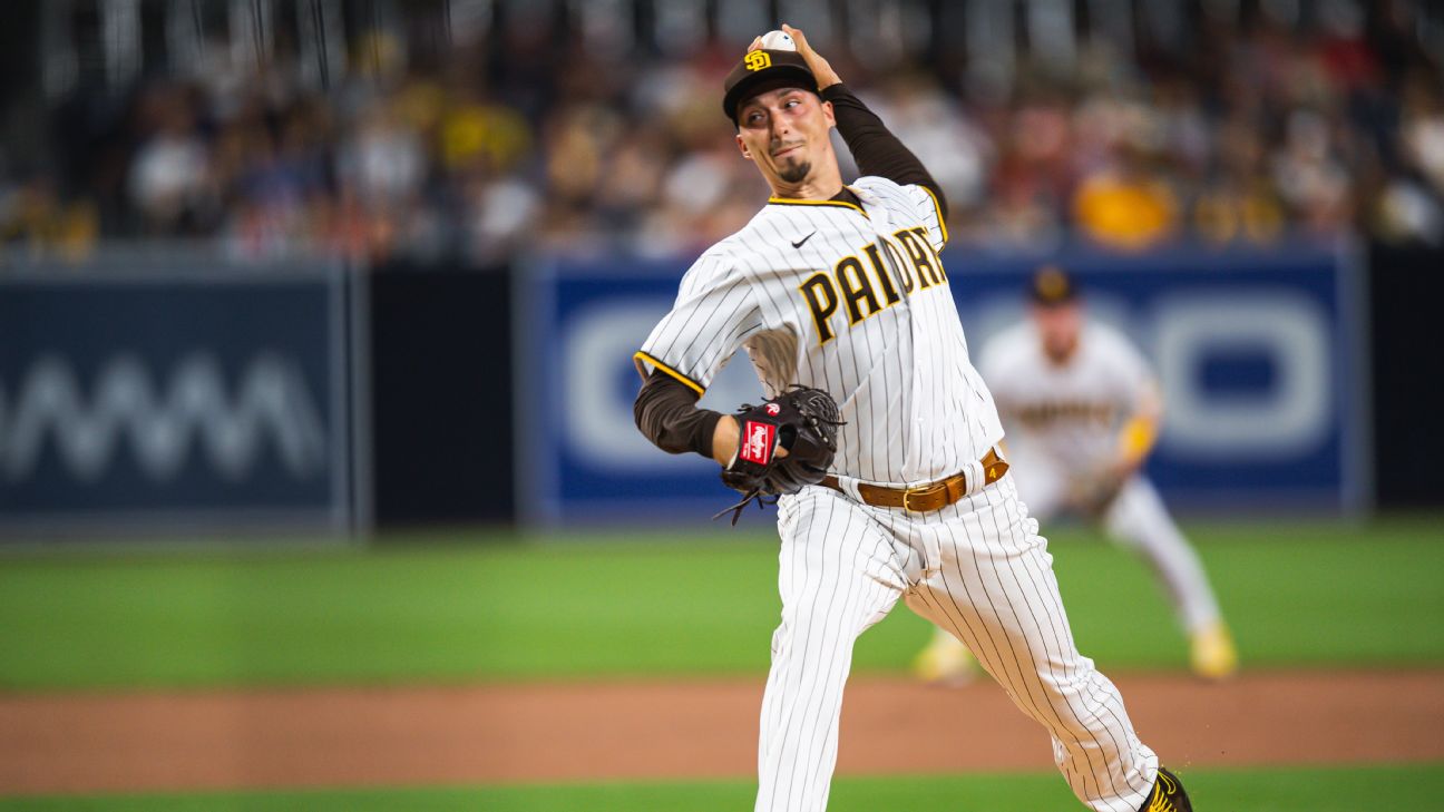 Tampa Bay Rays' pitcher Blake Snell stands between Los Angeles