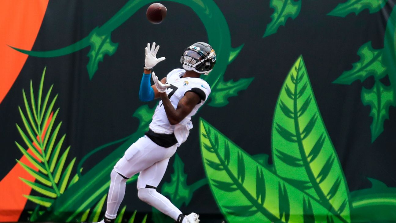 September 12, 2021: Jacksonville Jaguars wide receiver Tyron Johnson (12)  prior to an NFL football game between the Jacksonville Jaguars and the  Houston Texans at NRG Stadium in Houston, TX. The Texans