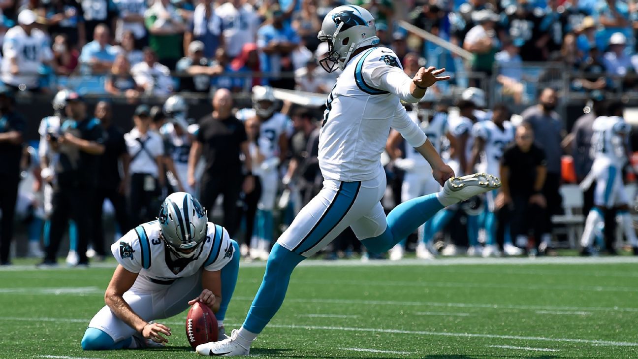 Carolina Panthers kicker Ryan Santoso wears a 9/11 FDNY hat during