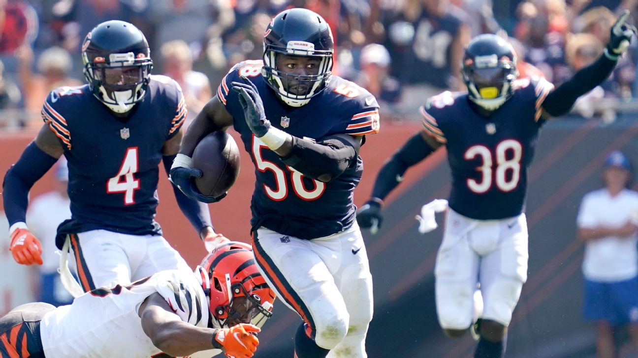 Chicago Bears' Roquan Smith picks off Cincinnati Bengals' Joe