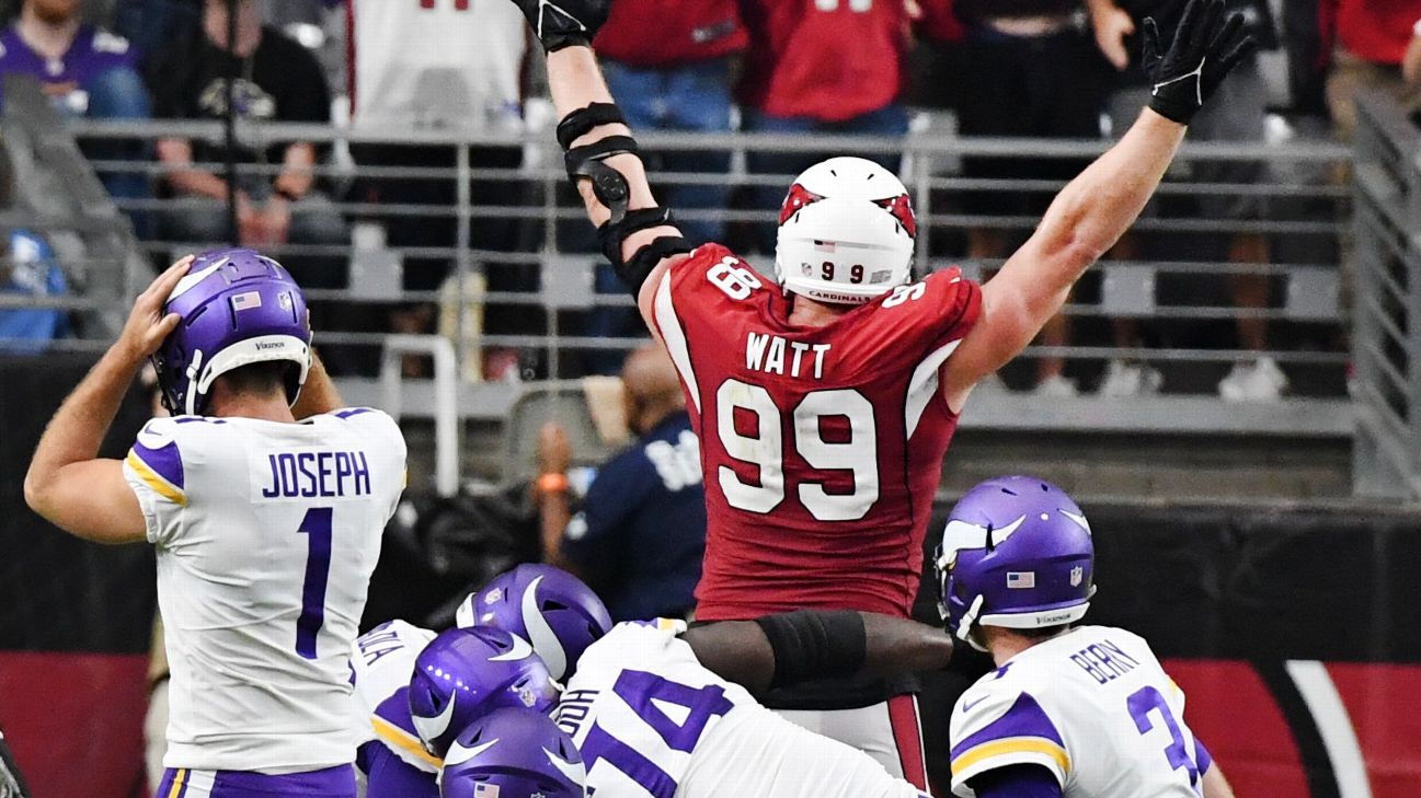 Minnesota Vikings kicker Greg Joseph (1) greets Cleveland Browns