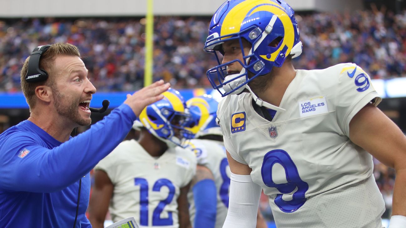 Los Angeles Rams quarterback Matthew Stafford (9) hugs head coach Sean McVay  after the NFL Supe …